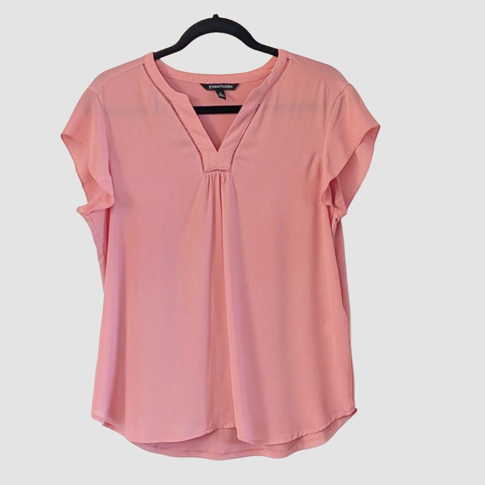 41 Hawthorn Coral Pink Split Neck Blouse Medium Ladder Trim Short Sleeve Top